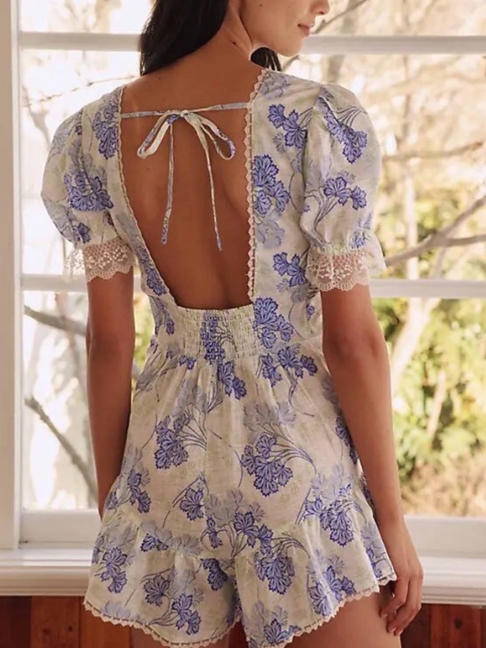 Anthropologie Lavender Floral Lace-Trim Romper - Picture 3 of 6